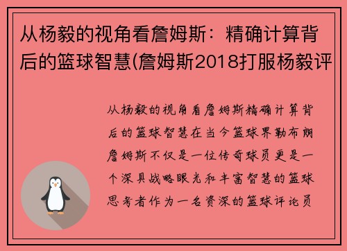 从杨毅的视角看詹姆斯：精确计算背后的篮球智慧(詹姆斯2018打服杨毅评论)