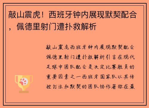 敲山震虎！西班牙钟内展现默契配合，佩德里射门遭扑救解析