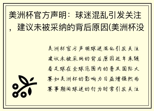 美洲杯官方声明：球迷混乱引发关注，建议未被采纳的背后原因(美洲杯没球迷)