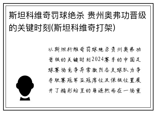 斯坦科维奇罚球绝杀 贵州奥弗功晋级的关键时刻(斯坦科维奇打架)