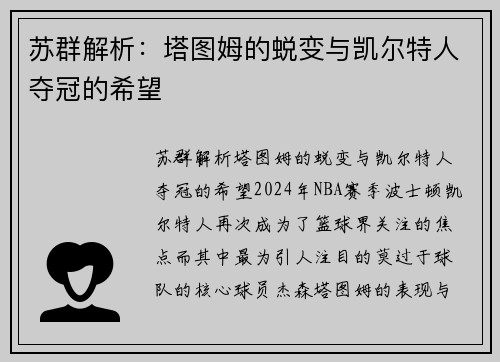 苏群解析：塔图姆的蜕变与凯尔特人夺冠的希望