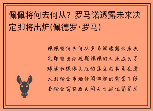 佩佩将何去何从？罗马诺透露未来决定即将出炉(佩德罗·罗马)