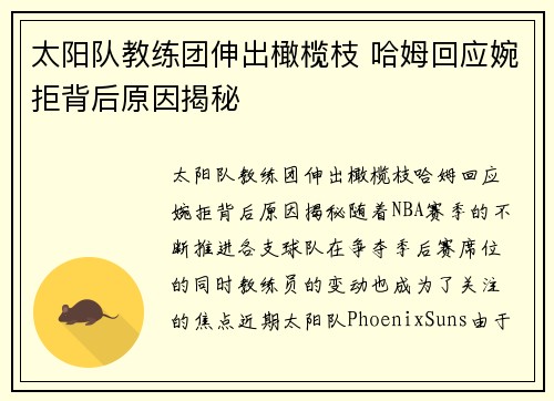 太阳队教练团伸出橄榄枝 哈姆回应婉拒背后原因揭秘