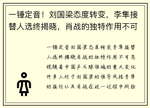 一锤定音！刘国梁态度转变，李隼接替人选终揭晓，肖战的独特作用不可忽视