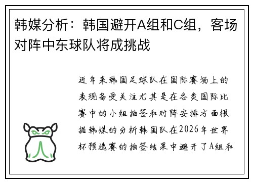 韩媒分析：韩国避开A组和C组，客场对阵中东球队将成挑战