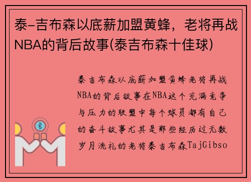 泰-吉布森以底薪加盟黄蜂，老将再战NBA的背后故事(泰吉布森十佳球)
