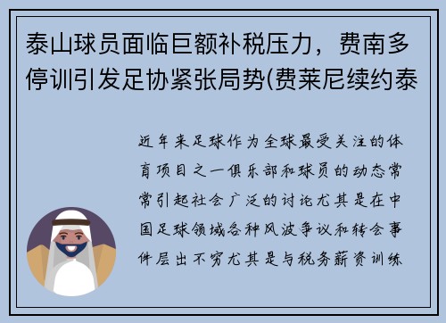 泰山球员面临巨额补税压力，费南多停训引发足协紧张局势(费莱尼续约泰山)