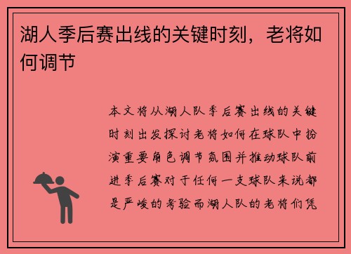 湖人季后赛出线的关键时刻，老将如何调节