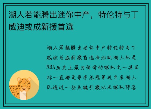 湖人若能腾出迷你中产，特伦特与丁威迪或成新援首选
