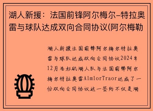 湖人新援：法国前锋阿尔梅尔-特拉奥雷与球队达成双向合同协议(阿尔梅勒对格拉夫)