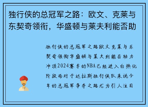 独行侠的总冠军之路：欧文、克莱与东契奇领衔，华盛顿与莱夫利能否助力冲顶