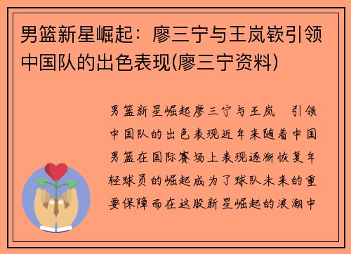 男篮新星崛起：廖三宁与王岚嵚引领中国队的出色表现(廖三宁资料)