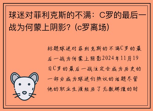 球迷对菲利克斯的不满：C罗的最后一战为何蒙上阴影？(c罗离场)