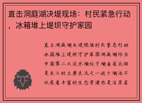 直击洞庭湖决堤现场：村民紧急行动，冰箱堆上堤坝守护家园