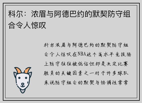 科尔：浓眉与阿德巴约的默契防守组合令人惊叹