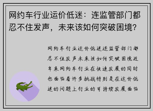 网约车行业运价低迷：连监管部门都忍不住发声，未来该如何突破困境？
