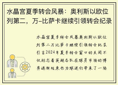 水晶宫夏季转会风暴：奥利斯以欧位列第二，万-比萨卡继续引领转会纪录